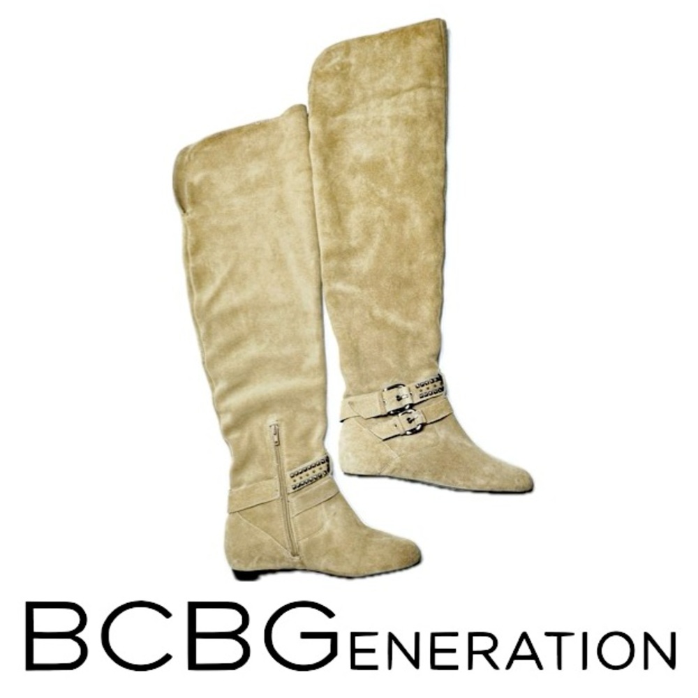 BCBG Generation | Over the Knee Suede Boot Christina New Taupe Spike Stud Accent